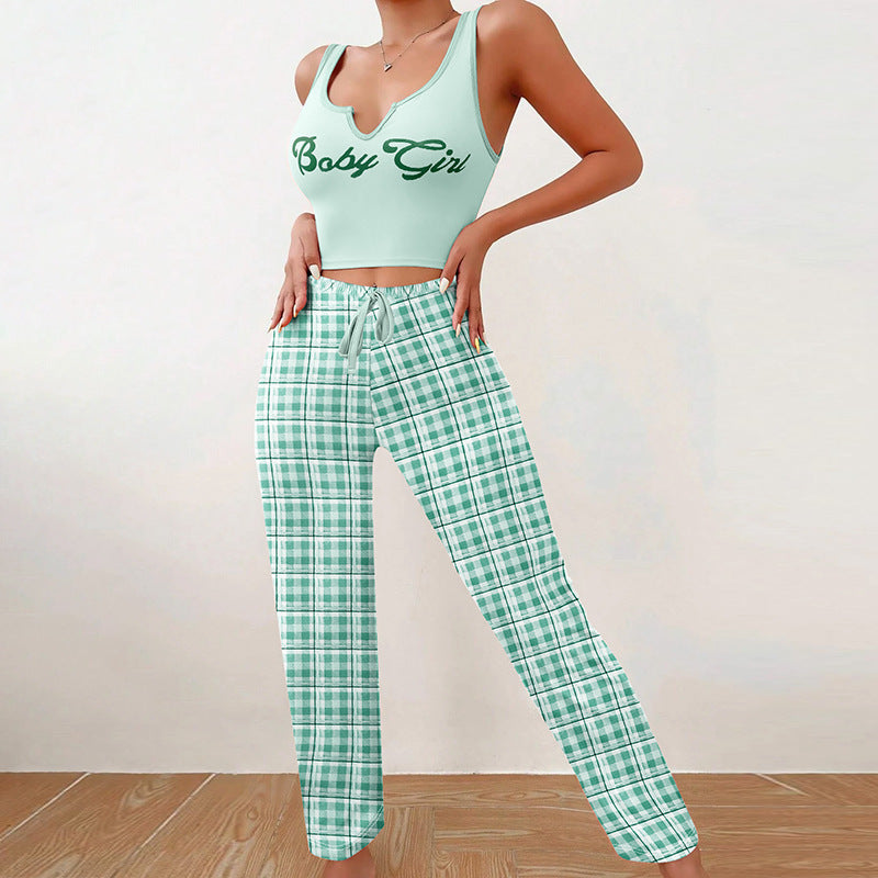 Cute Women Clothing Homewear Vest Color Matching Plaid Trousers Letter Print Top Women Suit Pajamas For Women