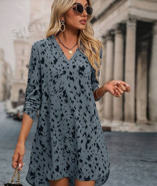 Allover Print Roll Up Sleeve Dress Ladies Casual High Low Long Sleeve V Neck Regular Fit Short Apricot Roll Up Sleeve All Over Print Tunic Women Short Dresses