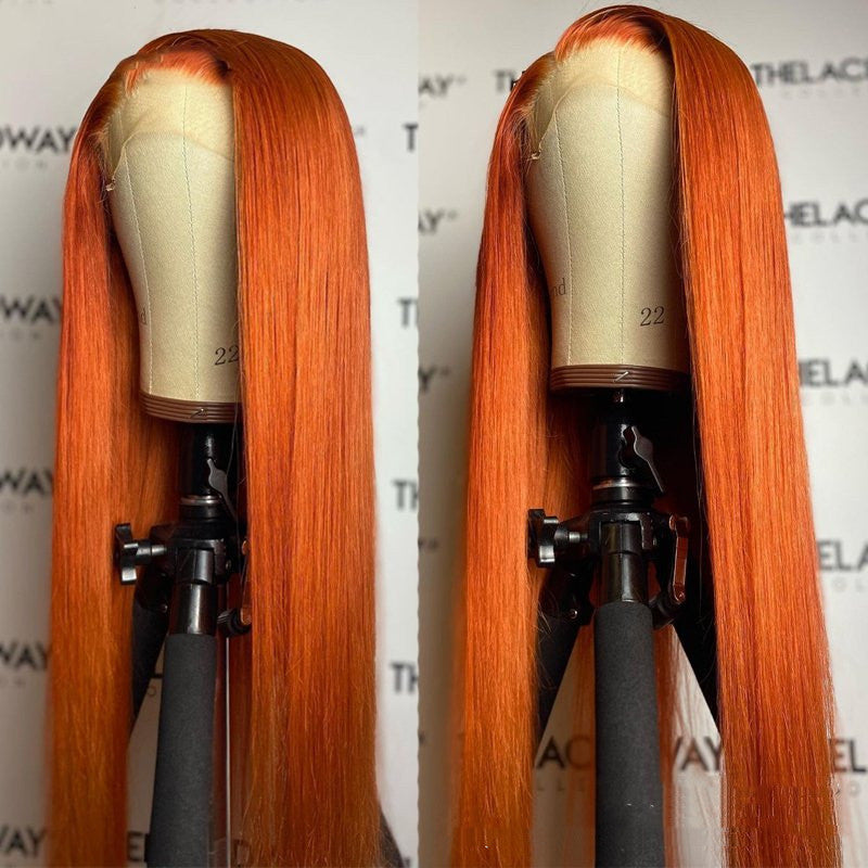 Split Orange Long Straight Chemical Fiber Lace Free Wig