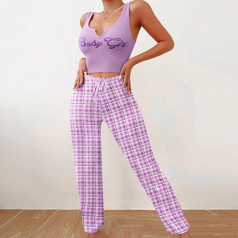 Cute Women Clothing Homewear Vest Color Matching Plaid Trousers Letter Print Top Women Suit Pajamas For Women