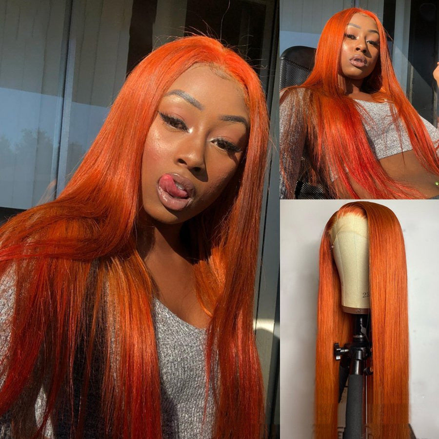 Split Orange Long Straight Chemical Fiber Lace Free Wig